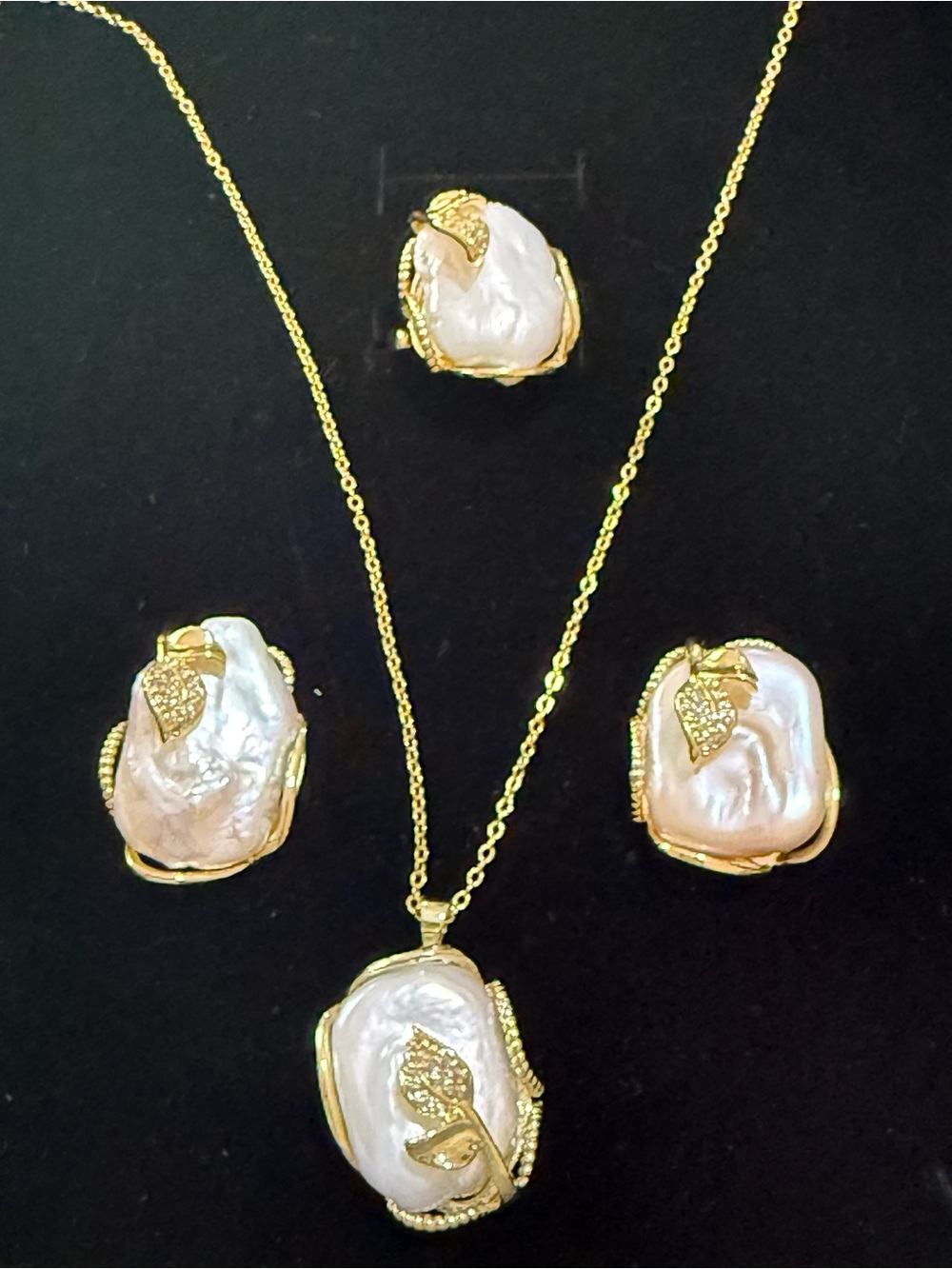 Gold-Plated Genuine Pearl Leaf Pendant Necklace and Earrings Set Philippine Made